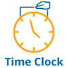 Orange clock outline with simple clock hands and a blue timecard graphic above it, with the text “Time Clock” below.