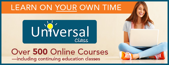 LY5087a-UC-web-banner Banner promoting Universal Class, featuring the text ‘Learn on your own time’ and ‘Over 500 online courses,’ with a person sitting on the floor using a laptop.