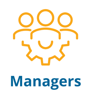 Three stylized orange human figures above a gear symbol, with the word “Managers” below.