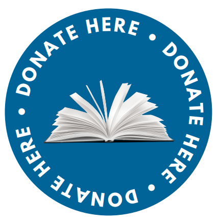 Donate Here Graphic A blue circular graphic with the phrase “DONATE HERE” repeated around the edge in white letters, featuring an open book illustration in the center.
