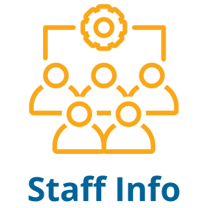 An orange outline of five people connected to a gear above them, with the text “Staff Info” in blue below.