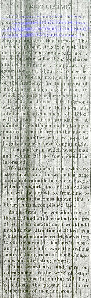 A newspaper clipping titled “A PUBLIC LIBRARY” dated April 8, 1893. The article announces a meeting of the Biloxi Library Association at the Biloxi Academy building to organize and discuss plans for a public library. It encourages residents to attend, noting the benefits of adding valuable books and magazines to the community and promoting intellectual and social advantages for Biloxi as a summer resort.