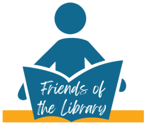 A red graphic of a person reading an open book with the text “Friends of the Library” displayed on the book.